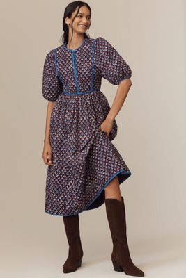 Hunter Bell Brenner Quilted Puff-Sleeve Midi Dress