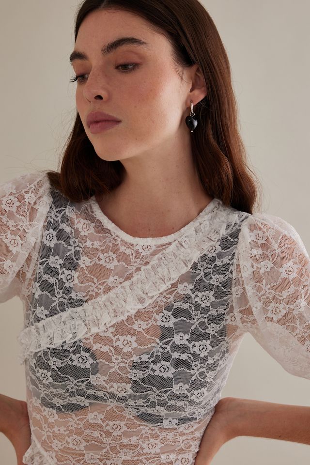 Damson Madder Short-Sleeve Ruffle Sheer Lace Midi Dress | Anthropologie UK