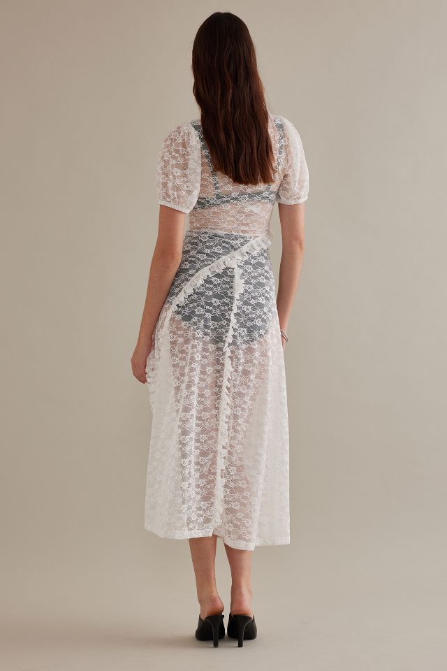 Damson Madder Short-Sleeve Ruffle Sheer Lace Midi Dress