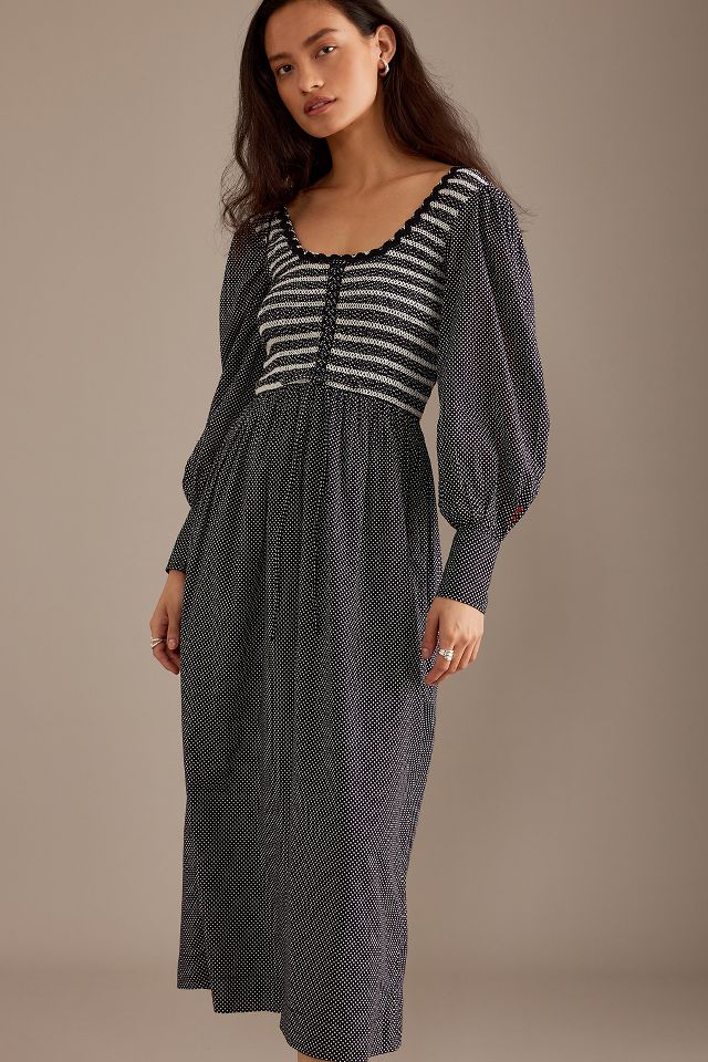 Damson Madder Hermione Puff-Sleeve Shirred Midi Dress | Anthropologie UK