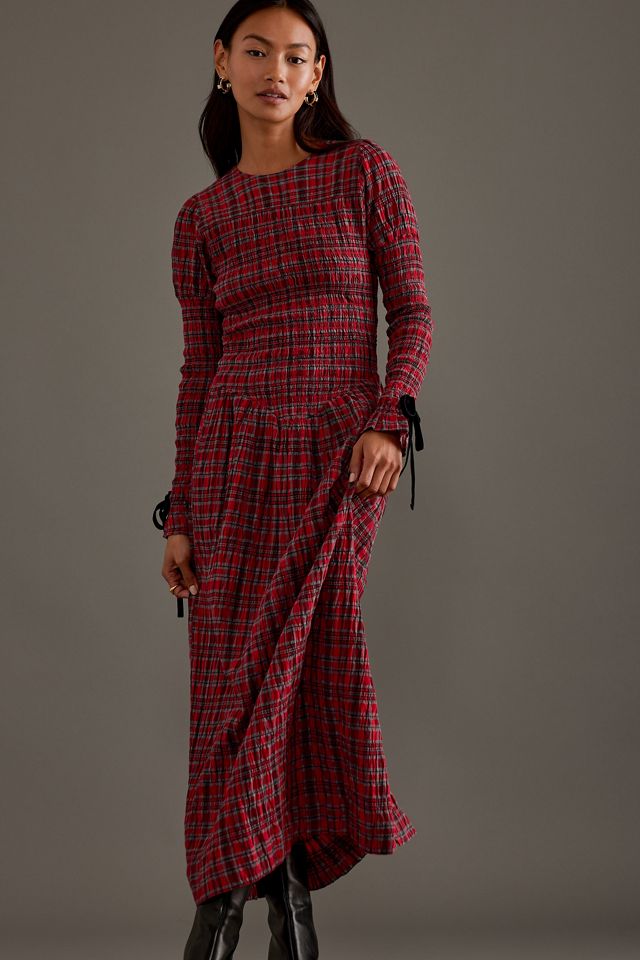 knee length dresses for ladies Check Short Sleeve Shirred Midi Dress