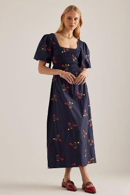 Damson Madder Lauren Embroidered Puff-Sleeve Midi Dress