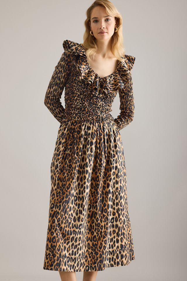 Damson Madder Abito Midi in Cotone Harper con Arricciatura Stampa Leopardata #2