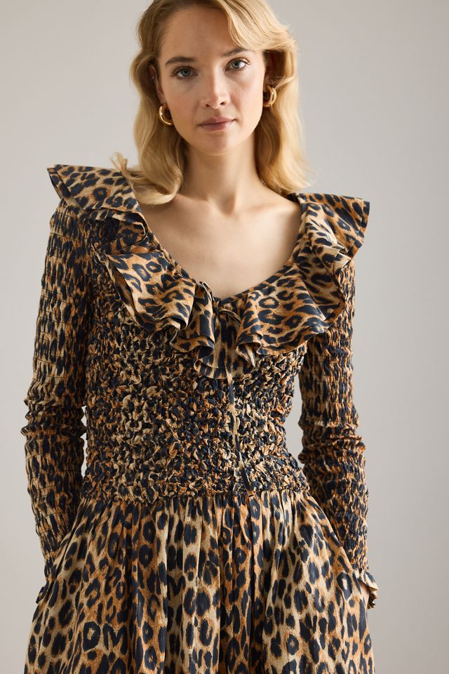 Damson Madder Abito Midi in Cotone Harper con Arricciatura Stampa Leopardata #4
