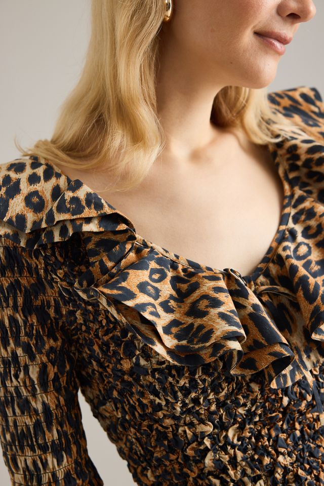 Damson Madder Abito Midi in Cotone Harper con Arricciatura Stampa Leopardata #5