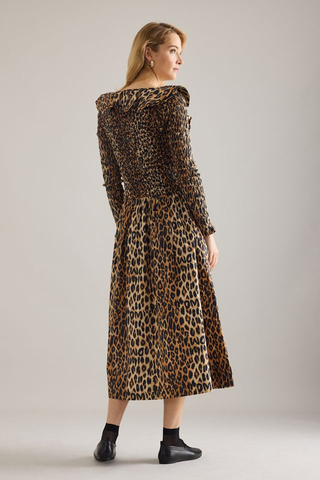 Damson Madder Abito Midi in Cotone Harper con Arricciatura Stampa Leopardata #1