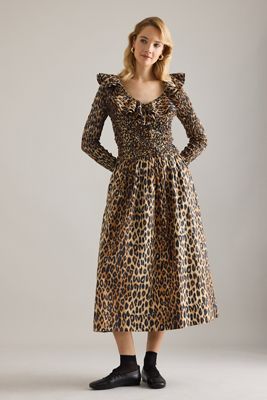 Damson Madder Harper Shirred Leopard-Print Cotton Midi Dress