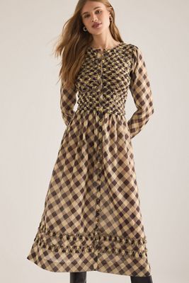 Damson Madder Check Long-Sleeve Midi Dress