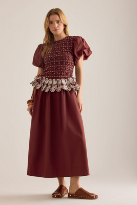 Damson Madder Audrey Smocked Embroidered Cotton Midi Dress In Brown