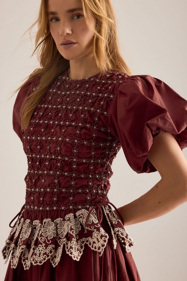 Damson Madder Audrey Smocked Embroidered Cotton Midi Dress | Anthropologie  UK