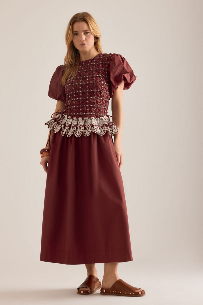 Damson Madder Audrey Smocked Embroidered Cotton Midi Dress