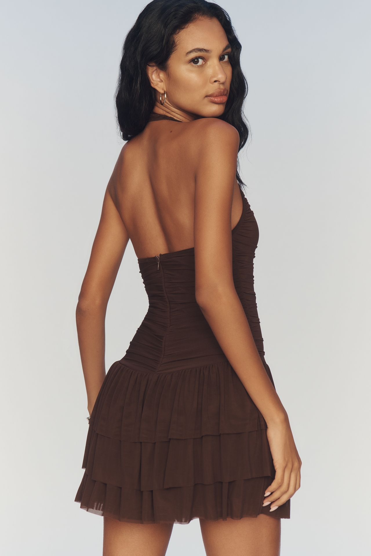 NIA Kathleen Halter Ruched Tiered Mini Dress
