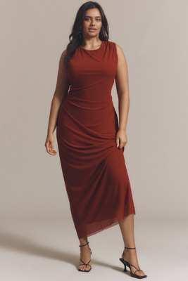 Nia Reese Sleeveless Ruched Mesh Midi Dress In Red