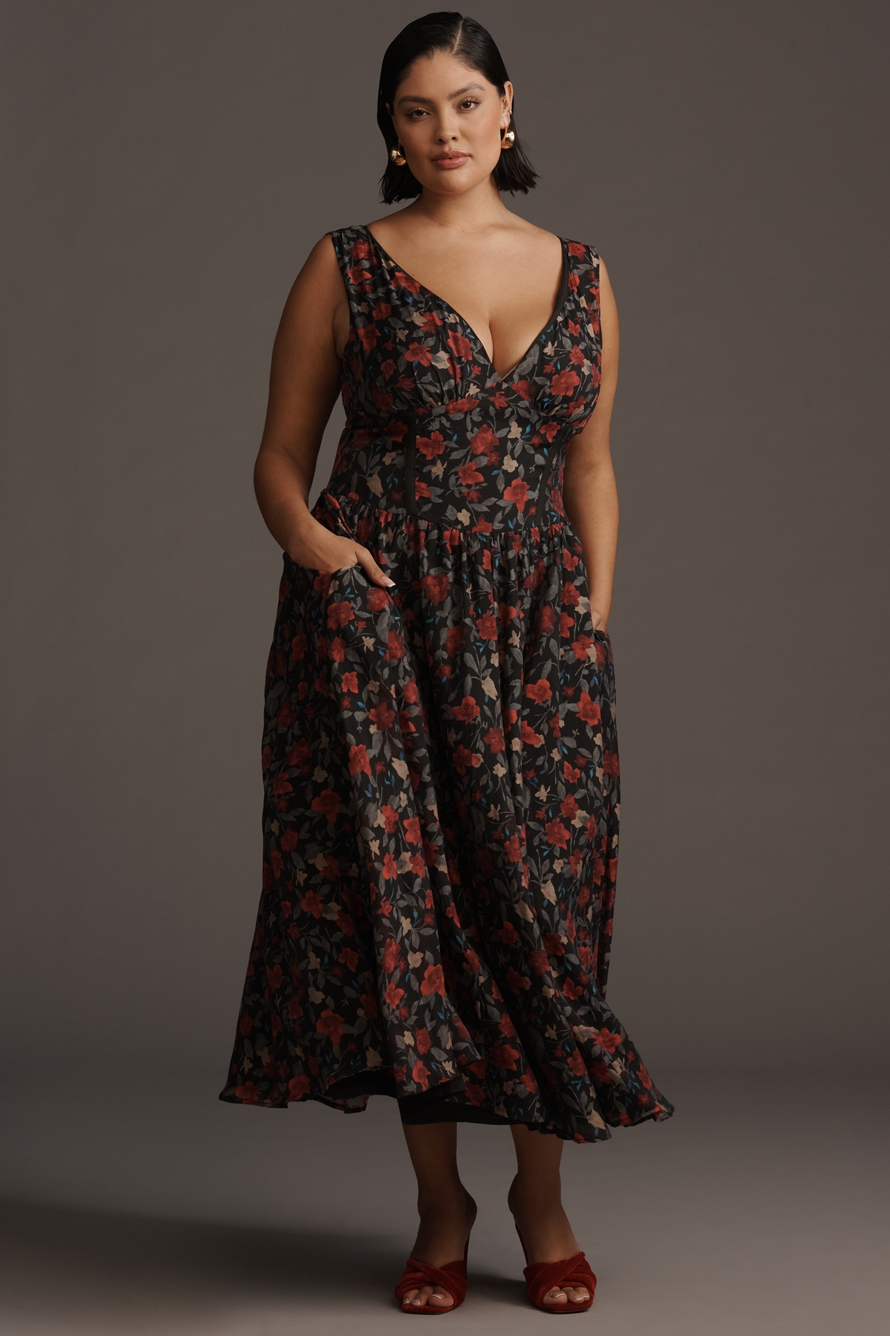 Arose Studio Sleeveless V-Neck Floral Midi Dress