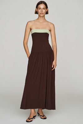 Nia Santo Strapless Midi Dress In Brown