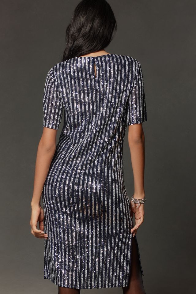 Flat White Short-Sleeve Sequin Stripe Midi Dress #1