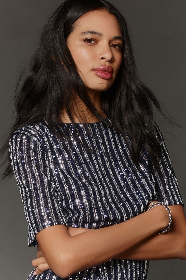 Flat White Short-Sleeve Sequin Stripe Midi Dress #3