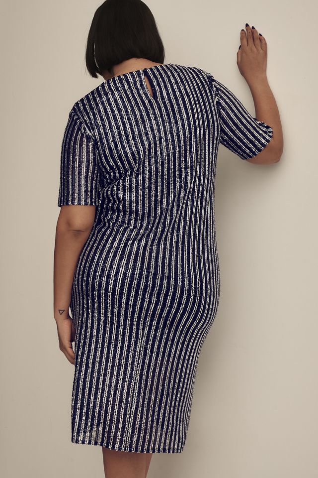 Flat White Short-Sleeve Sequin Stripe Midi Dress #5