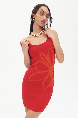 Flat White Sleeveless Square-Neck Flower-Printed Knit Mini
