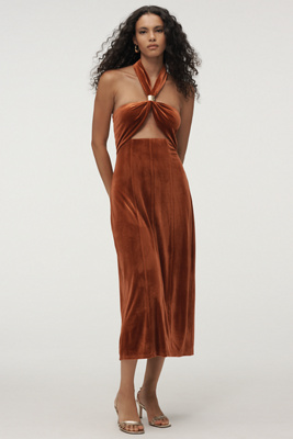 Flat White Velvet Halter Dress In Brown
