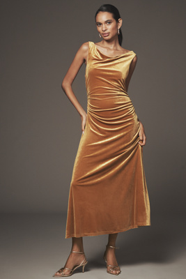Flat White Sleeveless Velvet Midi Dress In Brown
