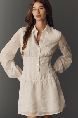 Flat White Waisted Mini Shirt Dress