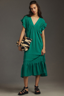 green pleated v neck dress anthropologie Anthropologie By Anthropologie Pleated V-Neck Dress Size 0