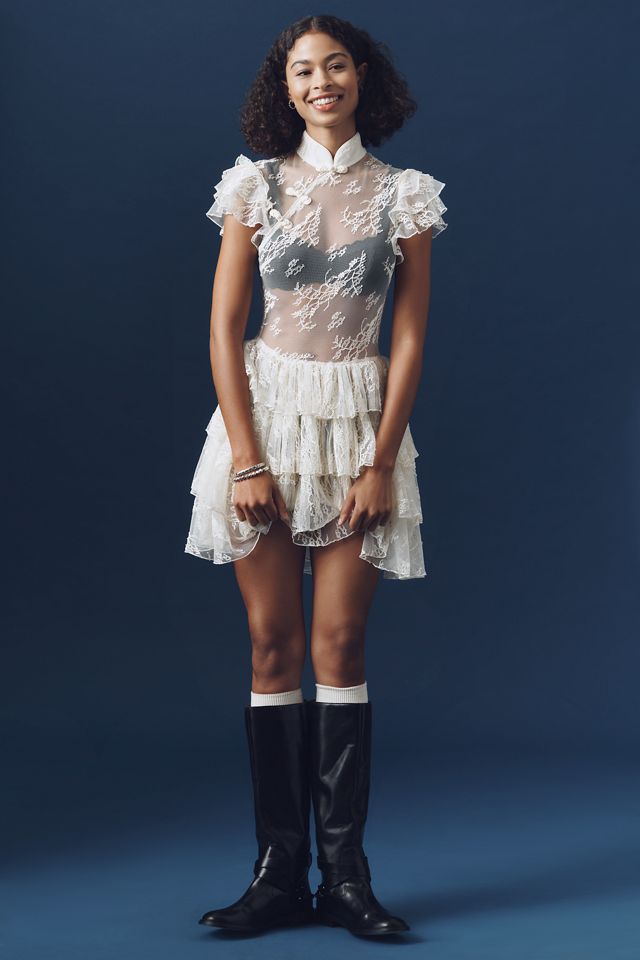 SAU LEE Roux Mock-Neck Lace Ruffle Dress #1