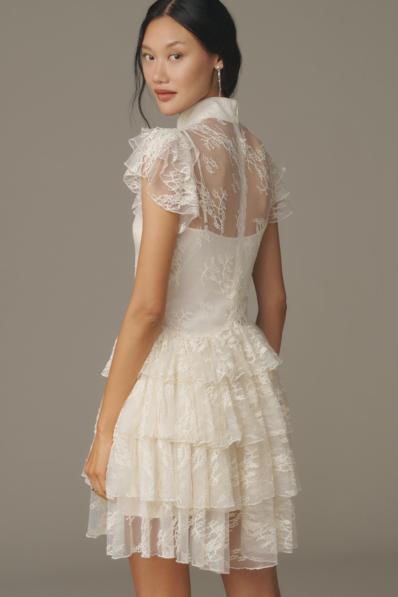 SAU LEE Roux Mock-Neck Lace Ruffle Dress