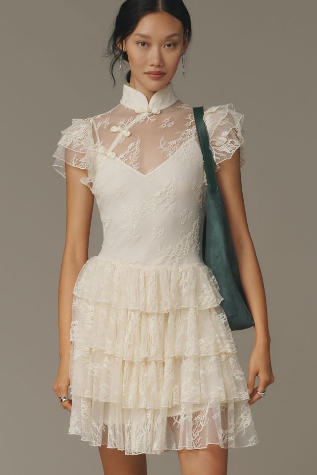 SAU LEE Roux Mock-Neck Lace Ruffle Dress #2