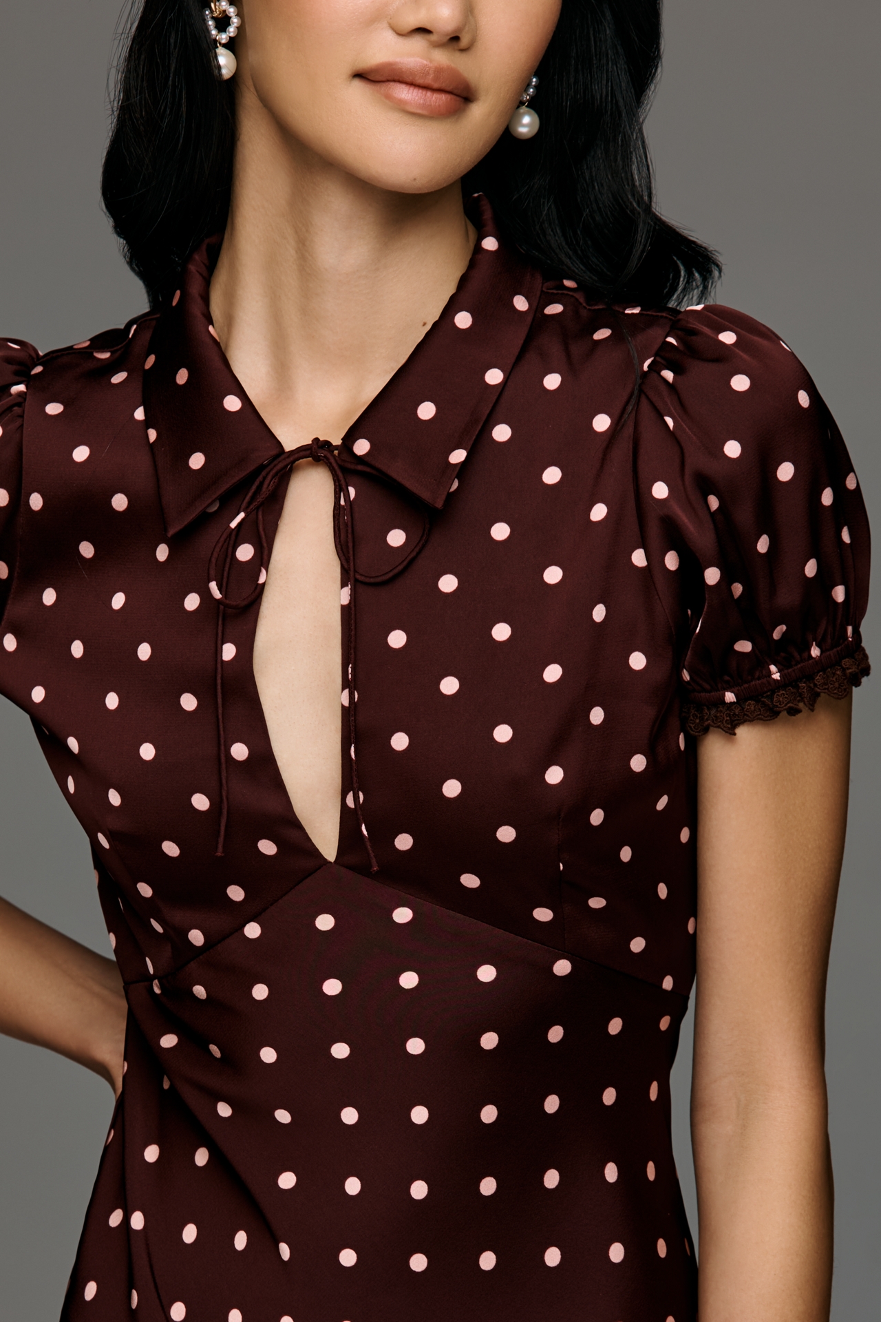 Arose Studio Nerina Short-Sleeve Tie-Neck A-Line Midi Dress