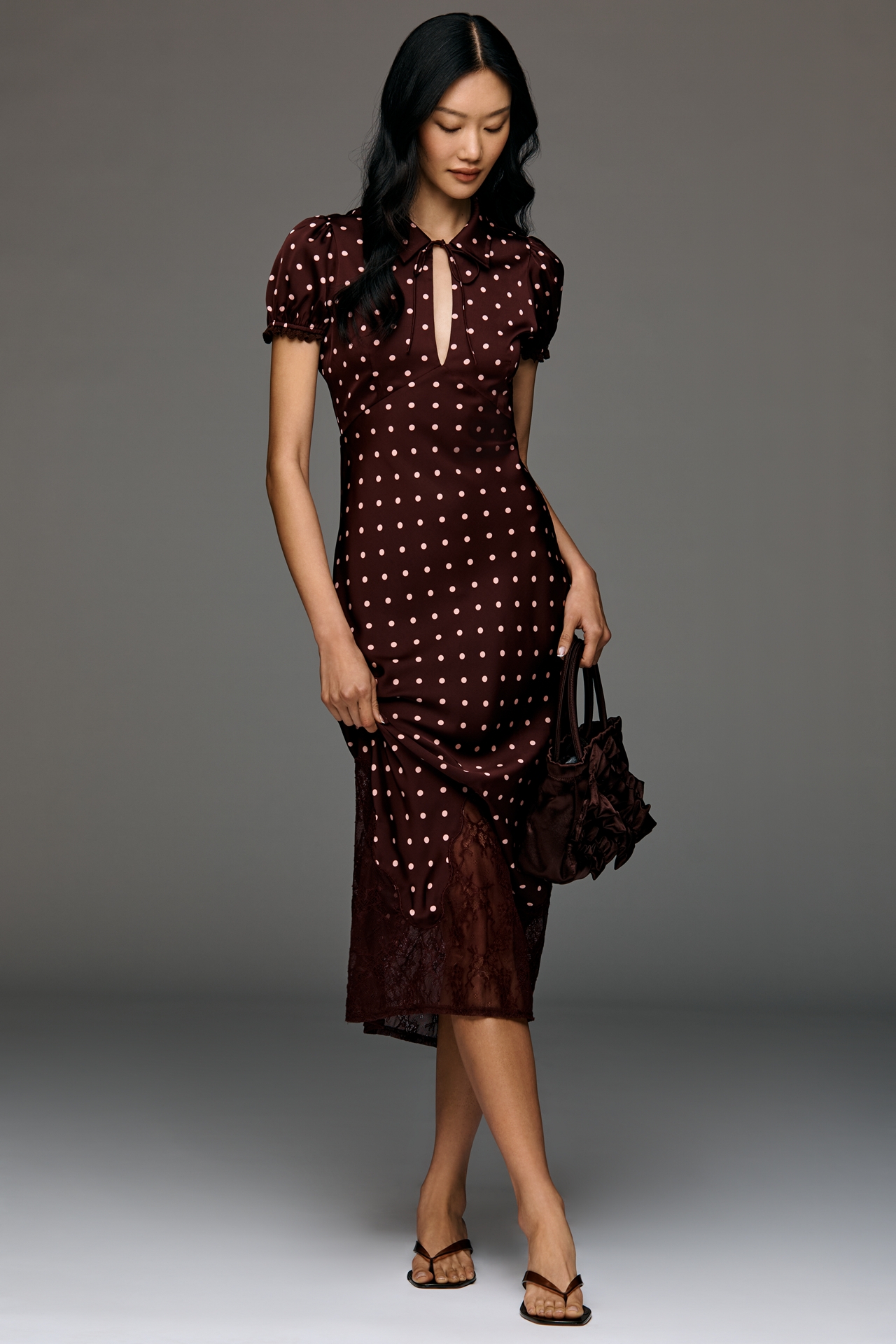 Arose Studio Nerina Short-Sleeve Tie-Neck A-Line Midi Dress