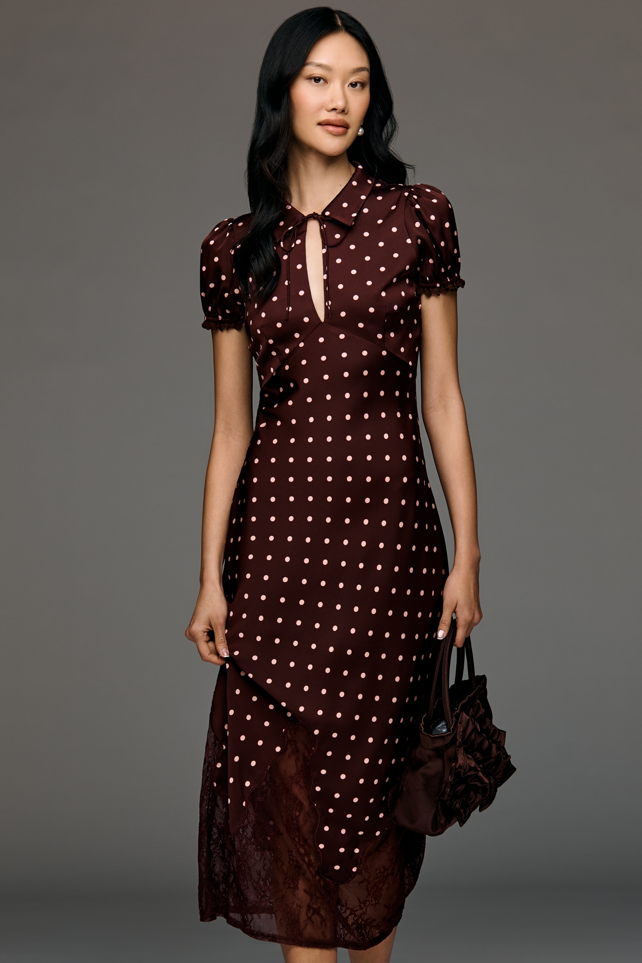 Arose Studio Nerina Short-Sleeve Tie-Neck A-Line Midi Dress