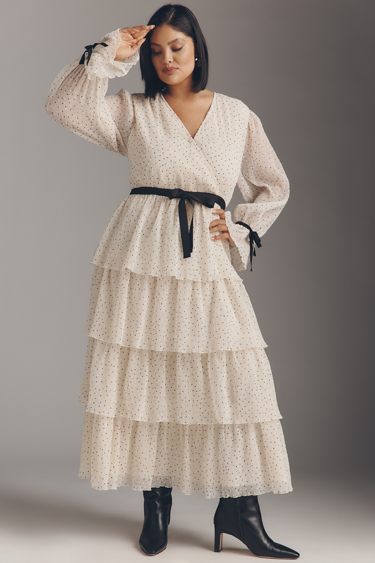 Arose Studio Kendall Long-Sleeve Tiered Midi Dress