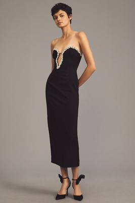 Bardot Eleni Crystal Trim Strapless Cocktail Midi Dress In Black