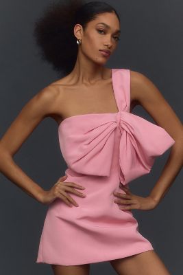Shop Bardot Bella One-shoulder Bow Mini Dress In Pink