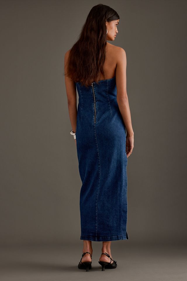 Abito Midi in Denim Bardot Eleni Senza Spalline con Scollatura Profonda #1