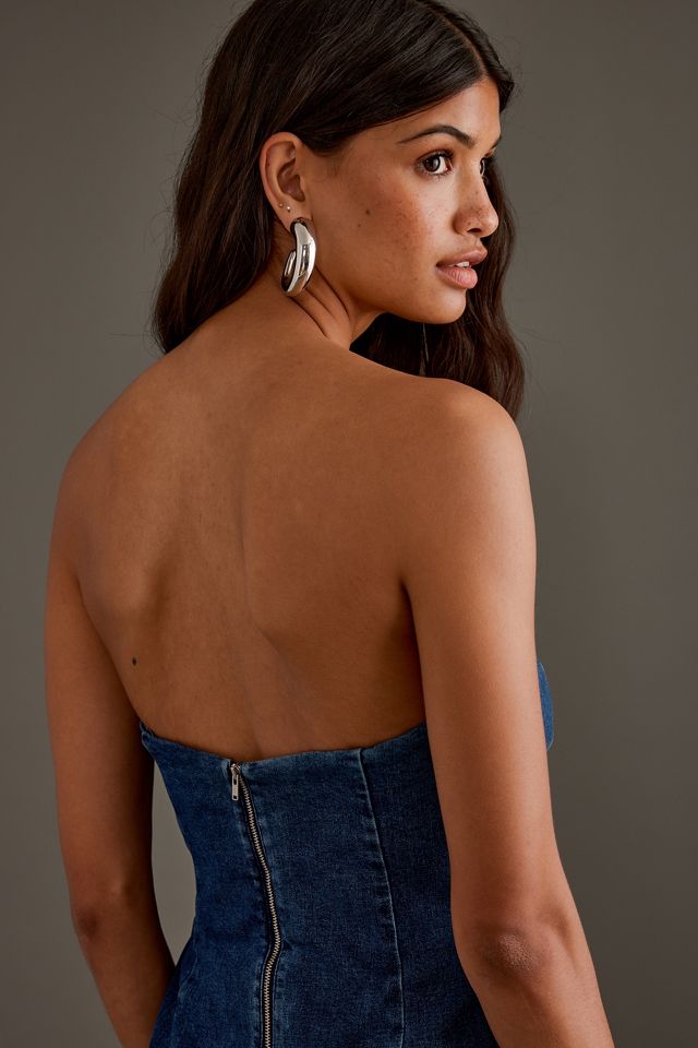 Abito Midi in Denim Bardot Eleni Senza Spalline con Scollatura Profonda #3