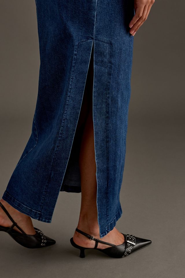 Abito Midi in Denim Bardot Eleni Senza Spalline con Scollatura Profonda #4