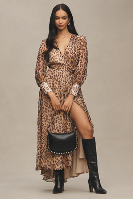 Bardot Lucianna Leopard Print Long Sleeve Wrap Dress In Multicolor