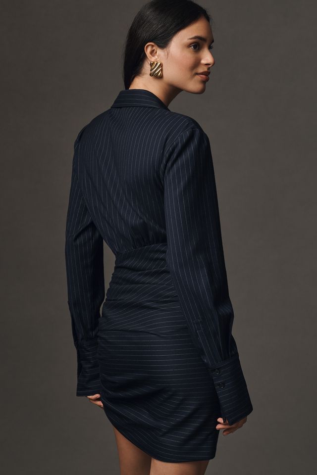 Bardot Viera Long-Sleeve Pinstripe Ruched Mini Shirt Dress #1