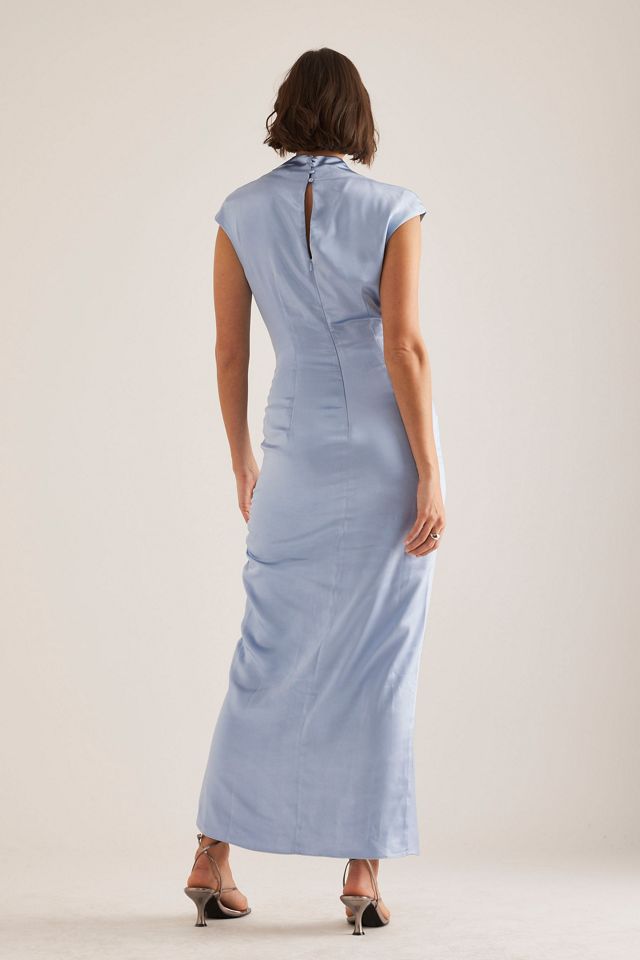 blue satin draped bardot midi dress Twist Knot Satin & Scuba Bardot High Low Midi Dress - Navy Blue