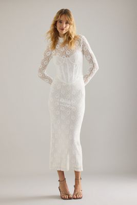 Bardot Carmen Spitzen-Korsett Langarm-Midikleid