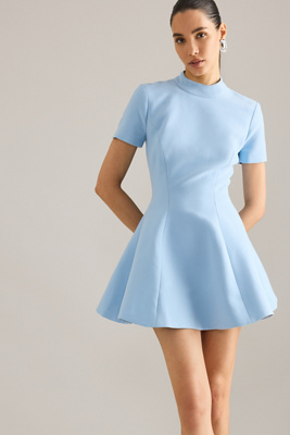 Bardot Zephyra Short Sleeve High Neck Fit And Flare Full Skirted Mini Dress In Blue