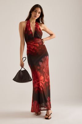 Bardot Elera Printed Halter Mesh Maxi Dress