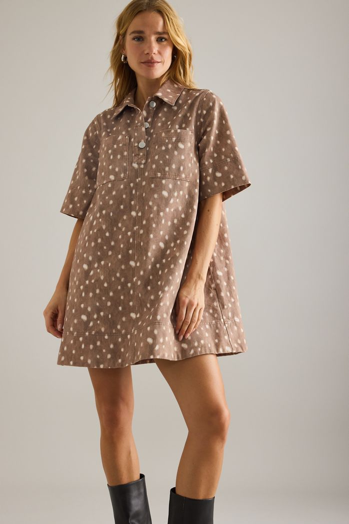 By Anthropologie Deer Print Denim Mini Dress