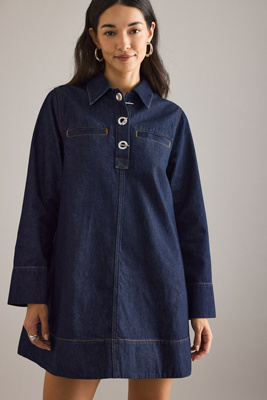 By Anthropologie Denim Long-Sleeve Eyelet Mini Dress