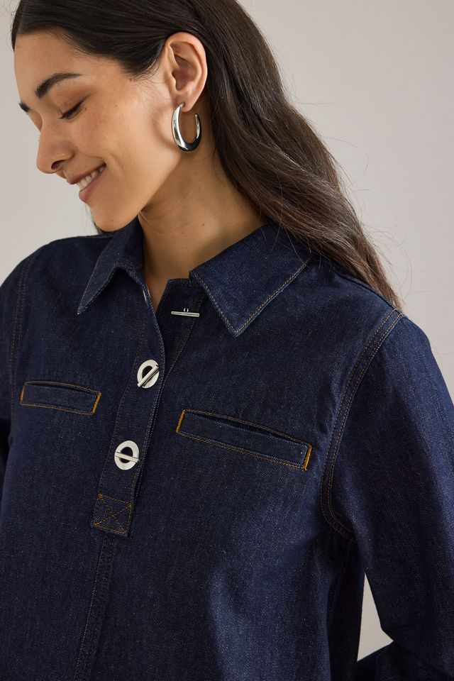 By Anthropologie Denim Long-Sleeve Eyelet Mini Dress #1