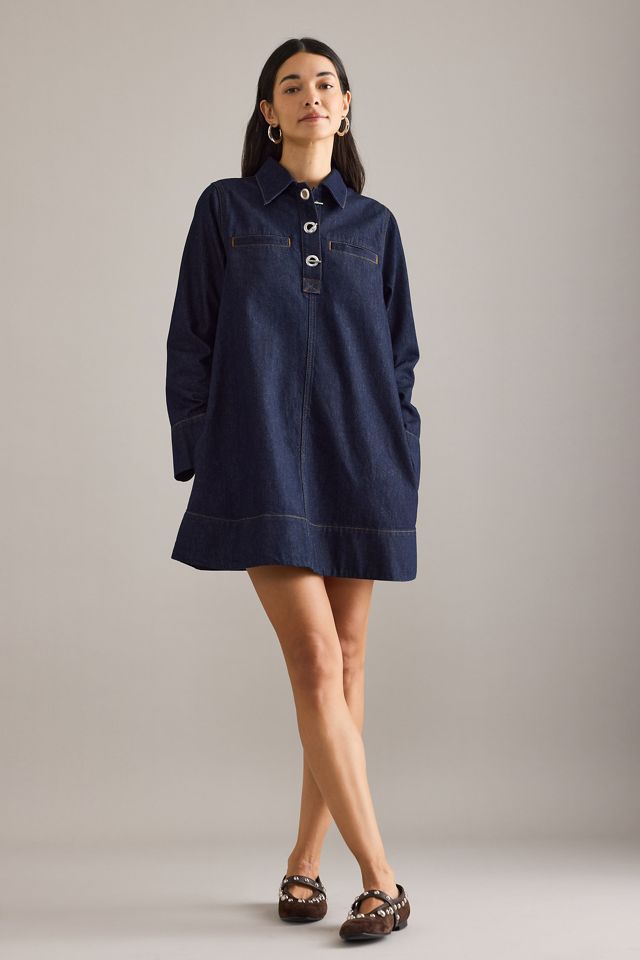 By Anthropologie Denim Long-Sleeve Eyelet Mini Dress #2