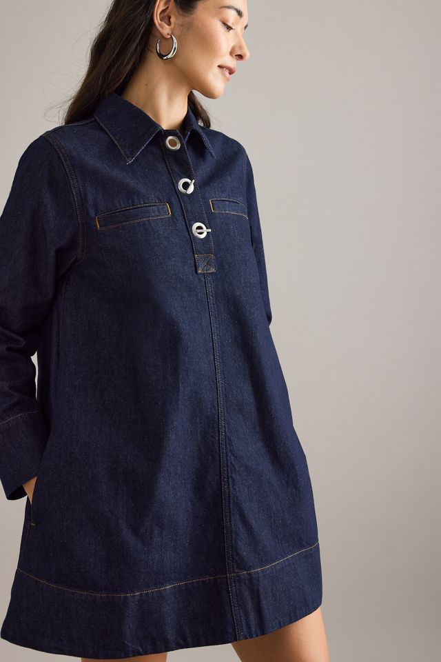 By Anthropologie Denim Long-Sleeve Eyelet Mini Dress #3